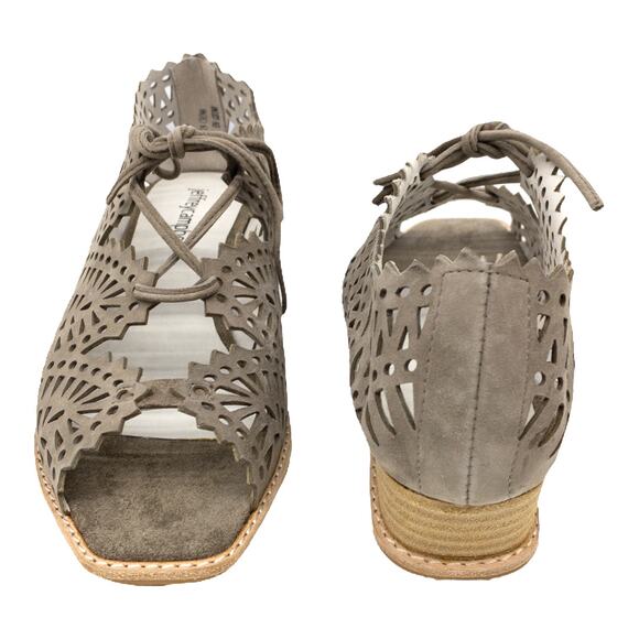 JEFFREY CAMPBELL Espejo Taupe Suede Lace up Square Toe Laser Cut Wedge Sandals 7 - Picture 6 of 8